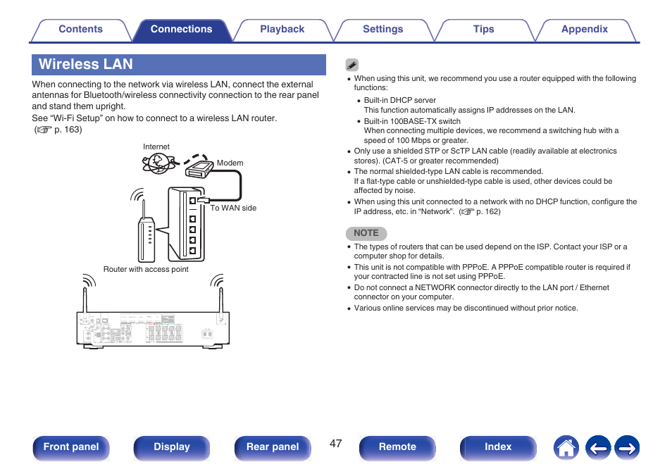 Wireless lan, Connecting to a handheld device via bluetooth, P. 47) | Marantz NR1510 5.2-Channel Network A/V Receiver User Manual | Page 47 / 244