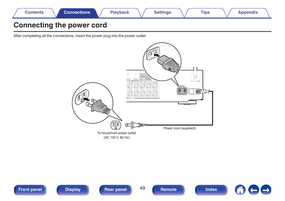 Connecting the power cord, Used to connect the power cord, P. 49) | Marantz NR1510 5.2-Channel Network A/V Receiver User Manual | Page 49 / 244