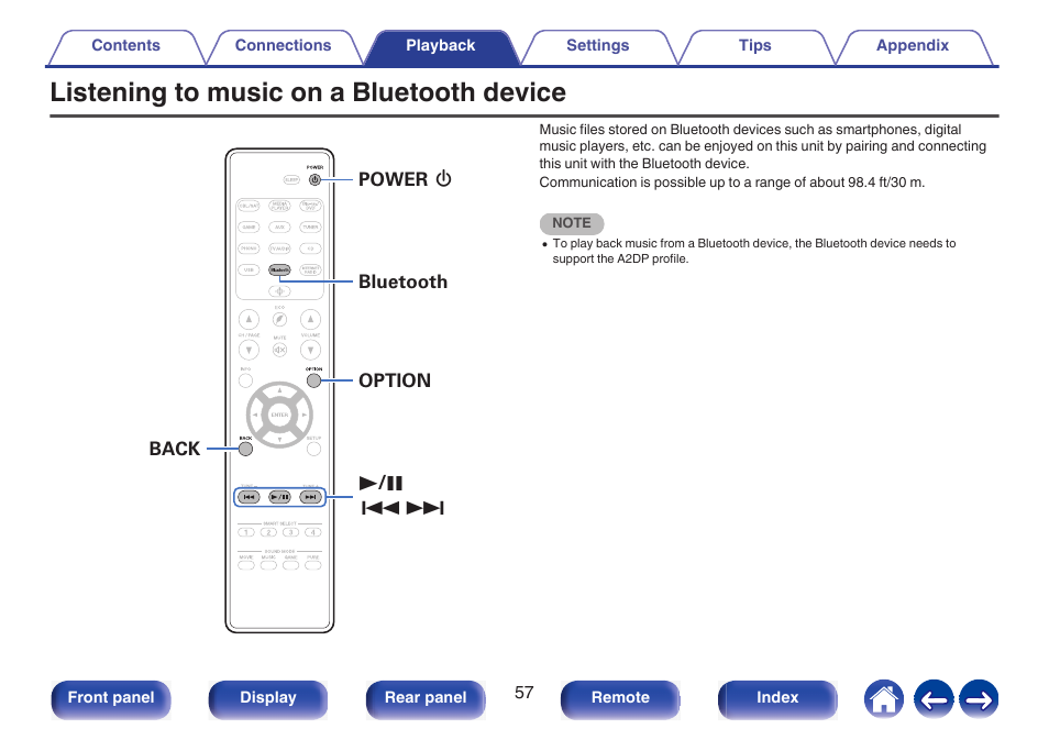 Listening to music on a bluetooth device, P. 57) | Marantz NR1510 5.2-Channel Network A/V Receiver User Manual | Page 57 / 244