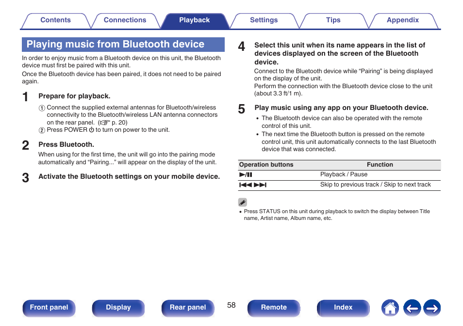 Playing music from bluetooth device | Marantz NR1510 5.2-Channel Network A/V Receiver User Manual | Page 58 / 244