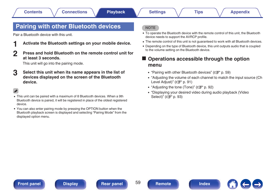 Pairing with other bluetooth devices, Ooperations accessible through the option menu | Marantz NR1510 5.2-Channel Network A/V Receiver User Manual | Page 59 / 244