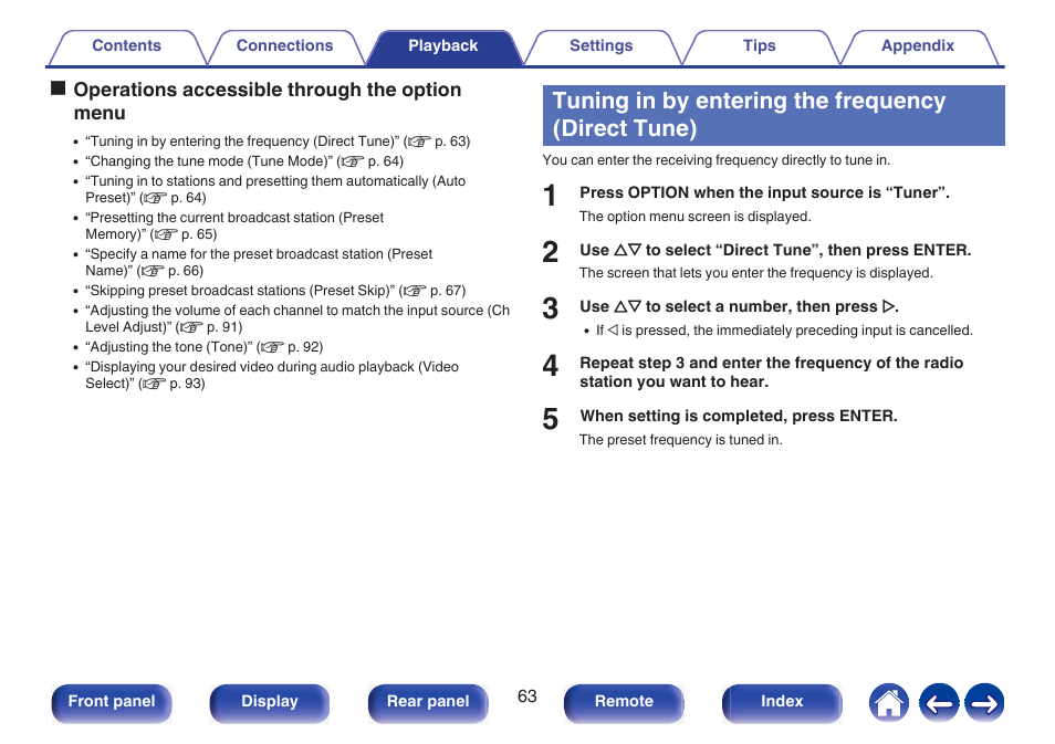 Tuning in by entering the frequency (direct tune) | Marantz NR1510 5.2-Channel Network A/V Receiver User Manual | Page 63 / 244