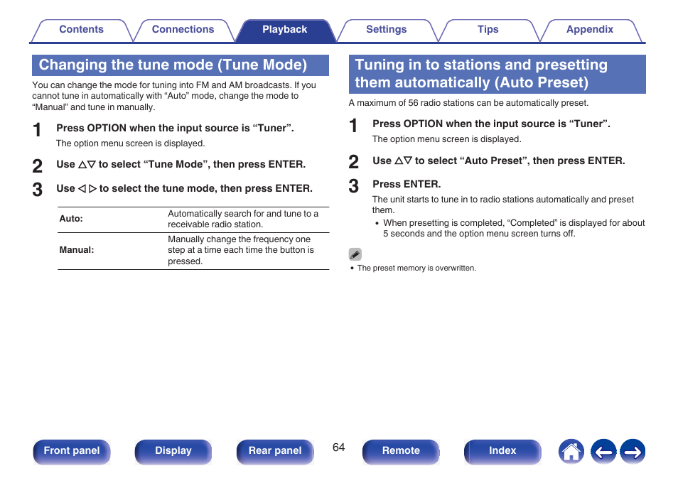 Changing the tune mode (tune mode), Preset), P. 64) | Marantz NR1510 5.2-Channel Network A/V Receiver User Manual | Page 64 / 244