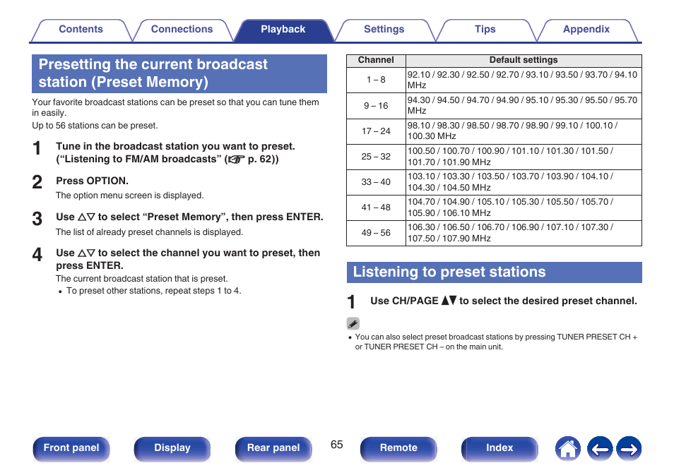 Listening to preset stations, P. 65), Presetting the current broadcast station (preset | Memory) | Marantz NR1510 5.2-Channel Network A/V Receiver User Manual | Page 65 / 244
