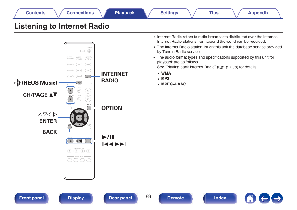 Listening to internet radio, Radio, P. 69) | Marantz NR1510 5.2-Channel Network A/V Receiver User Manual | Page 69 / 244