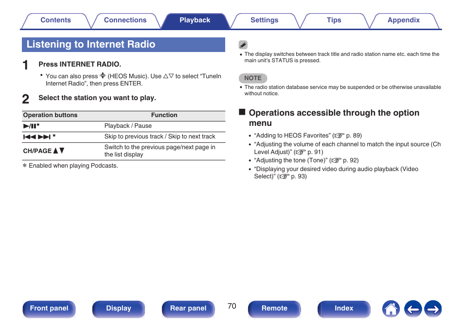Listening to internet radio, Ooperations accessible through the option menu | Marantz NR1510 5.2-Channel Network A/V Receiver User Manual | Page 70 / 244