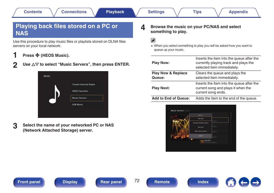Playing back files stored on a pc or nas | Marantz NR1510 5.2-Channel Network A/V Receiver User Manual | Page 72 / 244
