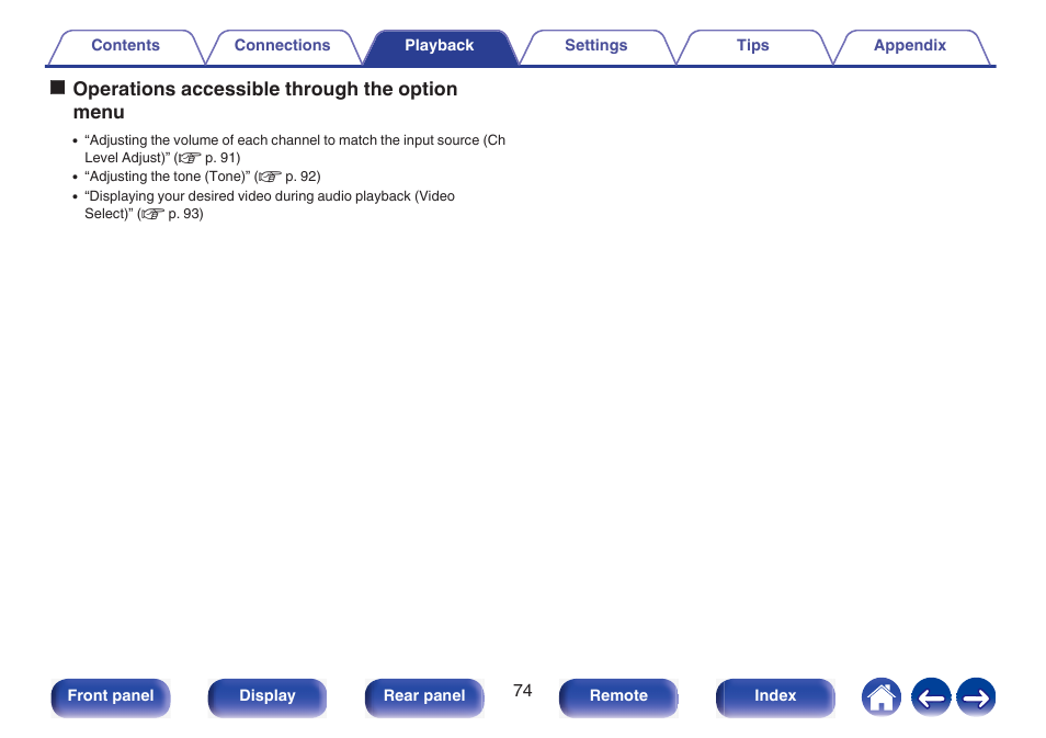 Ooperations accessible through the option menu | Marantz NR1510 5.2-Channel Network A/V Receiver User Manual | Page 74 / 244