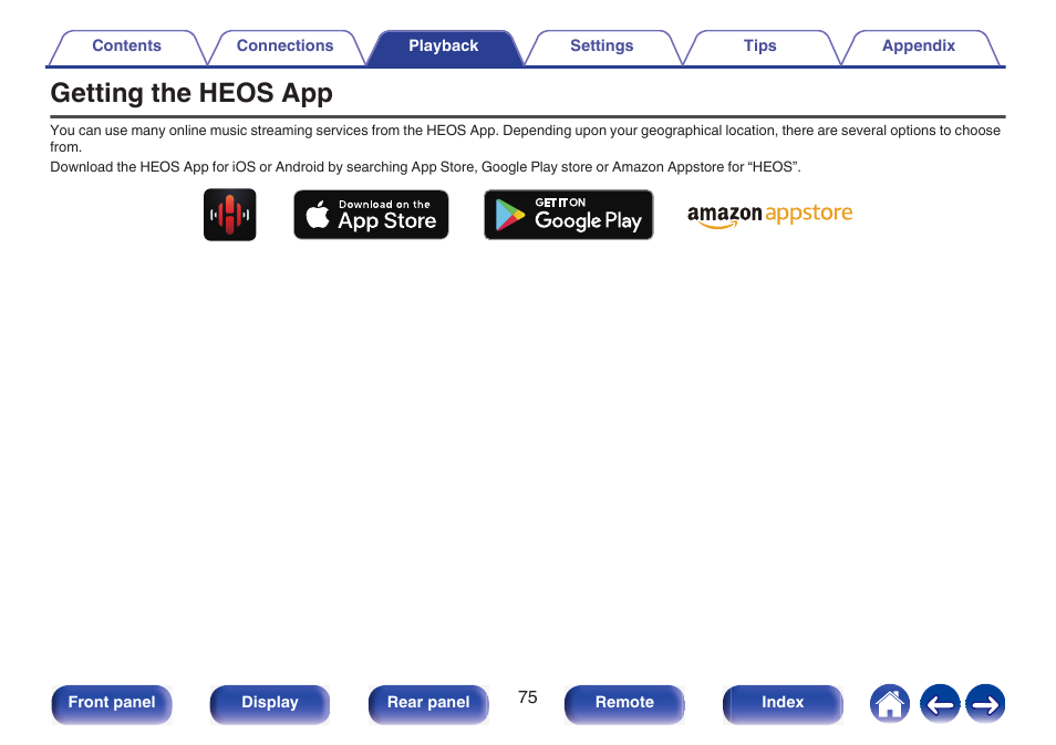 Getting the heos app | Marantz NR1510 5.2-Channel Network A/V Receiver User Manual | Page 75 / 244