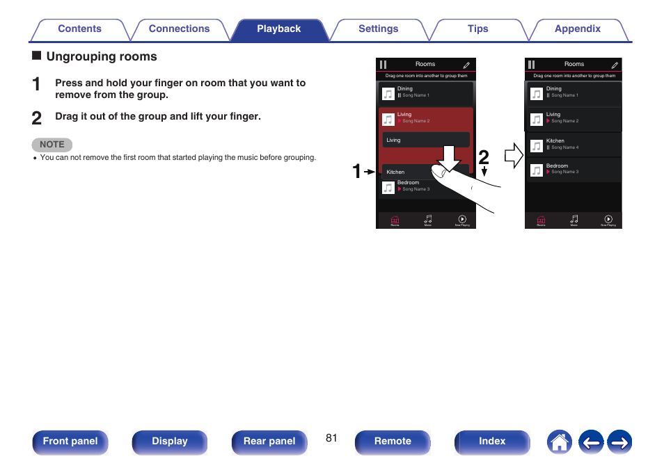 Oungrouping rooms, Drag it out of the group and lift your finger, Front panel display rear panel remote index | Marantz NR1510 5.2-Channel Network A/V Receiver User Manual | Page 81 / 244