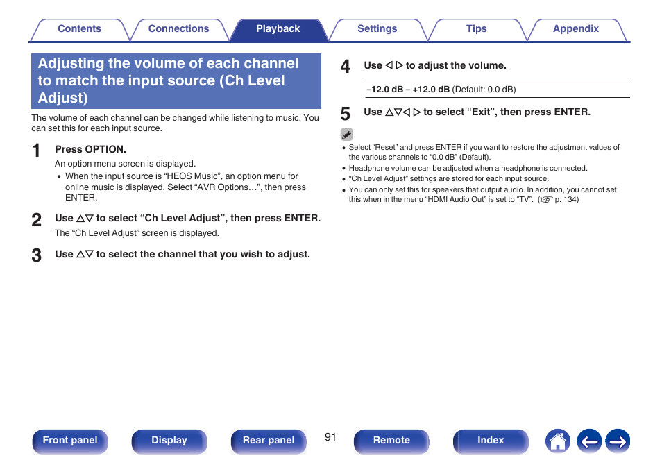 Ch level adjust), Level adjust), P. 91) | Marantz NR1510 5.2-Channel Network A/V Receiver User Manual | Page 91 / 244