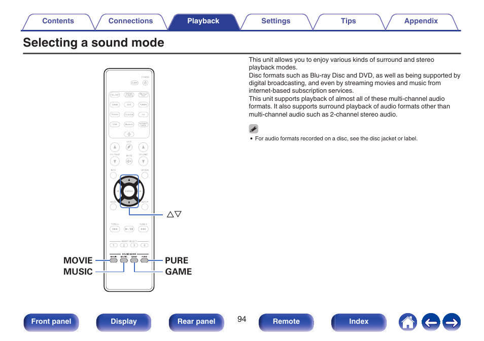 Selecting a sound mode, Switching the sound mode, P. 94) | Surround playback | Marantz NR1510 5.2-Channel Network A/V Receiver User Manual | Page 94 / 244