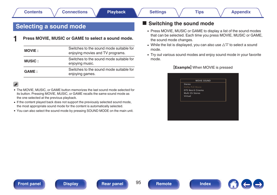 Selecting a sound mode, Oswitching the sound mode | Marantz NR1510 5.2-Channel Network A/V Receiver User Manual | Page 95 / 244