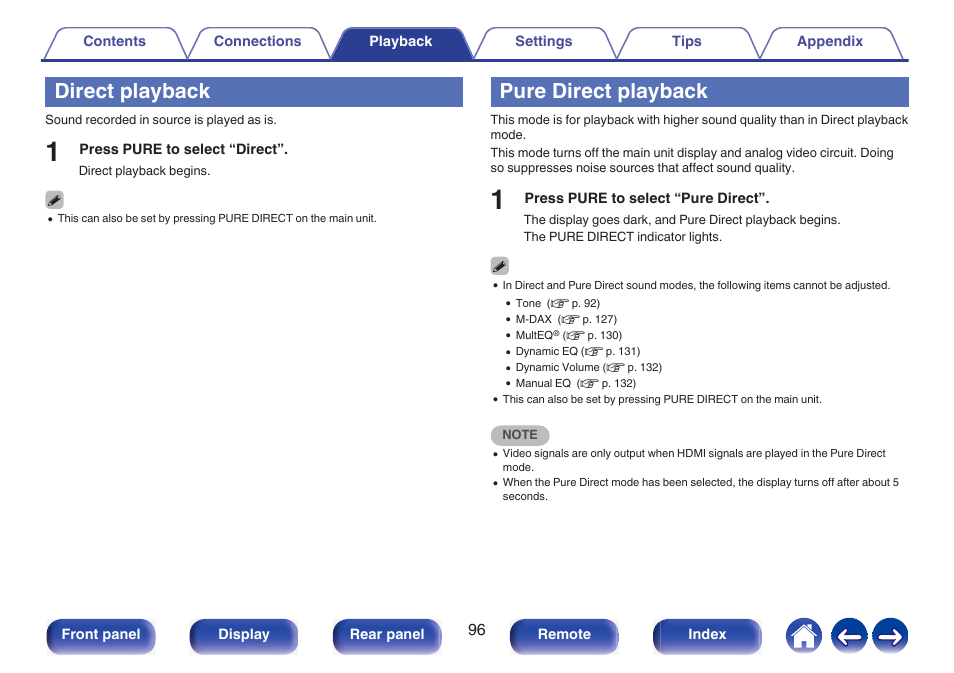 Direct playback, Pure direct playback, P. 96) | Marantz NR1510 5.2-Channel Network A/V Receiver User Manual | Page 96 / 244