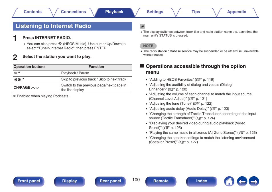 Listening to internet radio, Ooperations accessible through the option menu | Marantz CINEMA 50 9.4-Channel Network A/V Receiver (Black) User Manual | Page 100 / 326