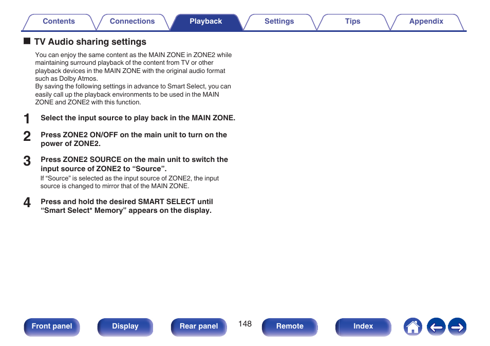 Tv audio sharing settings, P. 148) | Marantz CINEMA 50 9.4-Channel Network A/V Receiver (Black) User Manual | Page 148 / 326