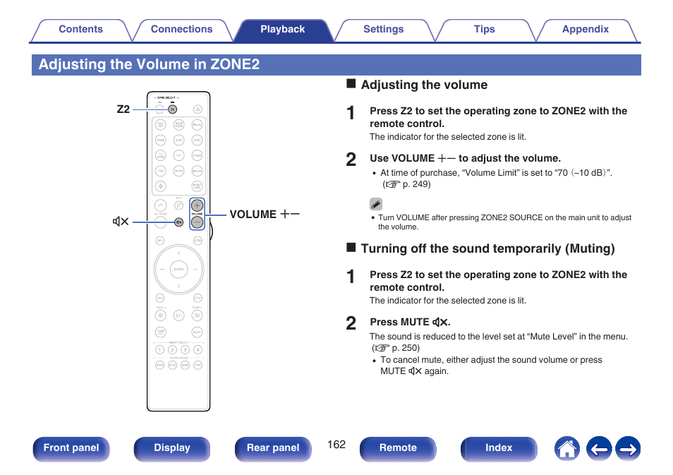 Adjusting the volume in zone2, Turning off the sound temporarily (muting), P. 162) | Adjusting the volume | Marantz CINEMA 50 9.4-Channel Network A/V Receiver (Black) User Manual | Page 162 / 326