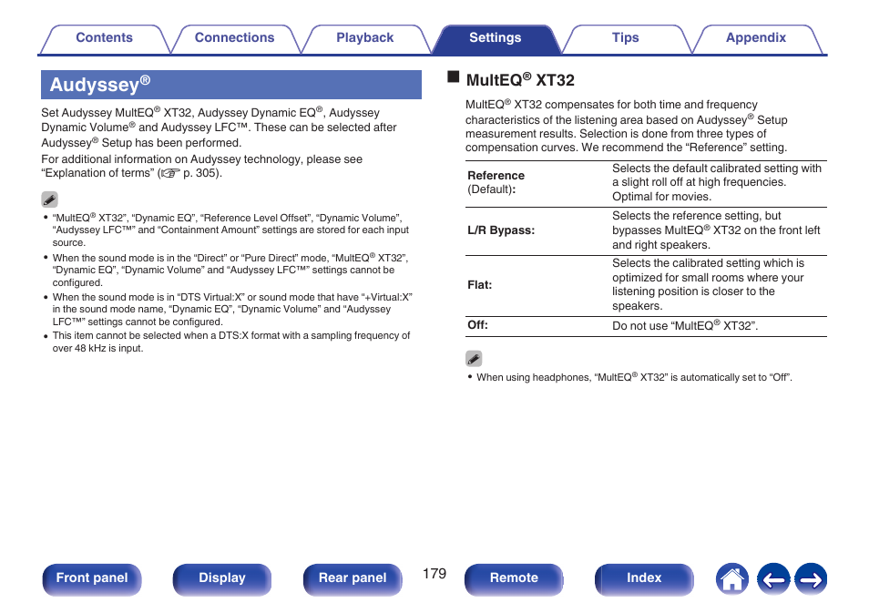 Audyssey, P. 179), Audyssey lfc™) | Omulteq, Xt32 | Marantz CINEMA 50 9.4-Channel Network A/V Receiver (Black) User Manual | Page 179 / 326