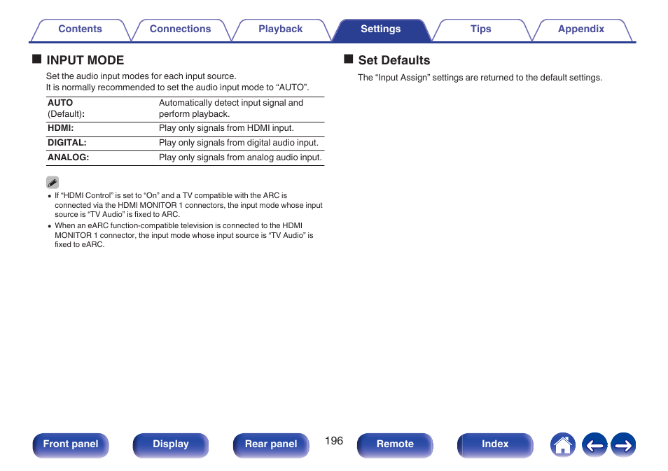 Oinput mode, Oset defaults | Marantz CINEMA 50 9.4-Channel Network A/V Receiver (Black) User Manual | Page 196 / 326