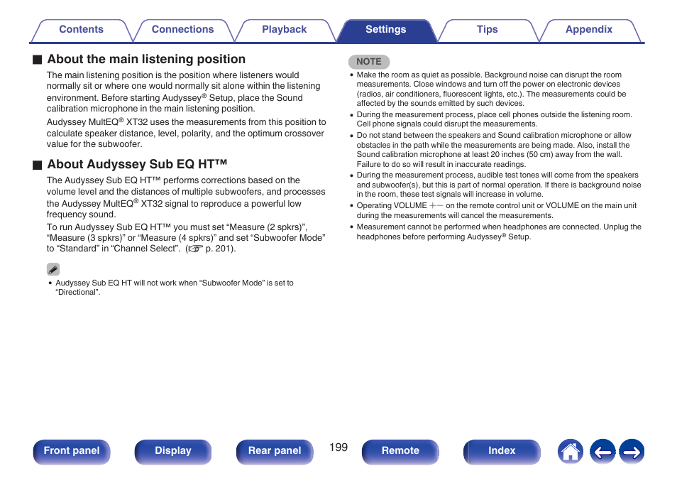 P. 199), Oabout the main listening position, Oabout audyssey sub eq ht | Marantz CINEMA 50 9.4-Channel Network A/V Receiver (Black) User Manual | Page 199 / 326