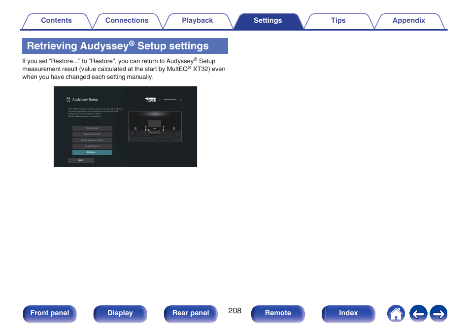 Retrieving audyssey, Setup settings, Front panel display rear panel remote index | Marantz CINEMA 50 9.4-Channel Network A/V Receiver (Black) User Manual | Page 208 / 326