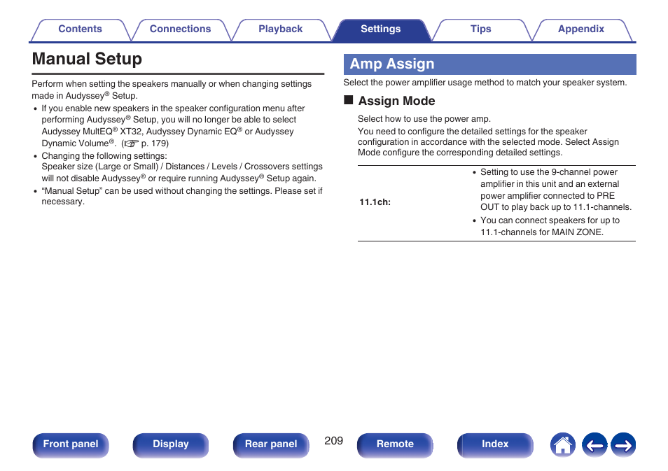 Manual setup, Amp assign, P. 209) | Output from the height2 speaker terminal, On the menu, P. 209)), Oassign mode | Marantz CINEMA 50 9.4-Channel Network A/V Receiver (Black) User Manual | Page 209 / 326