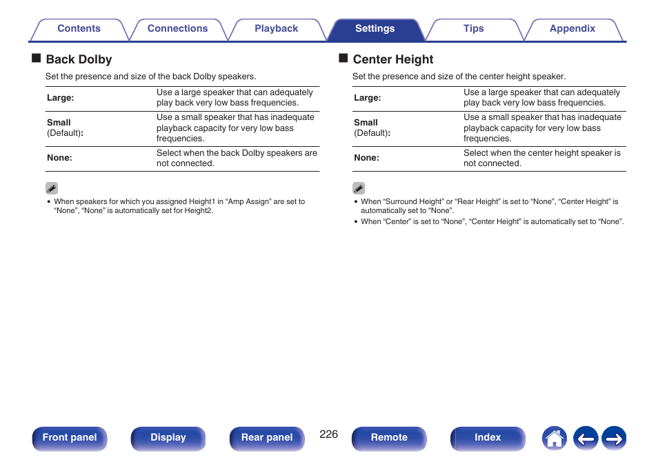 Oback dolby, Ocenter height | Marantz CINEMA 50 9.4-Channel Network A/V Receiver (Black) User Manual | Page 226 / 326