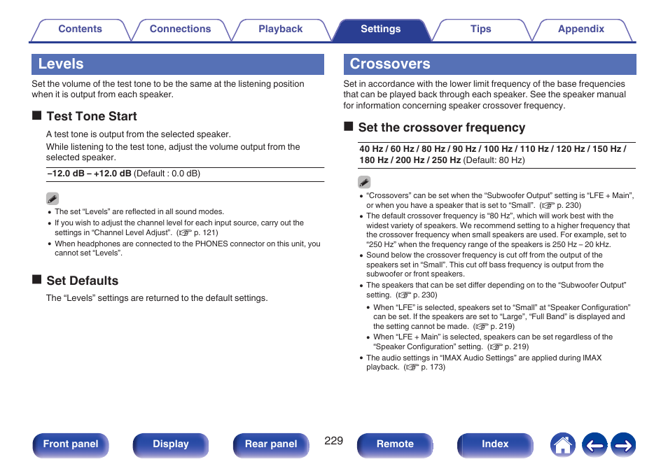Levels, Crossovers, Menu settings | P. 229), Otest tone start, Oset defaults, Oset the crossover frequency | Marantz CINEMA 50 9.4-Channel Network A/V Receiver (Black) User Manual | Page 229 / 326