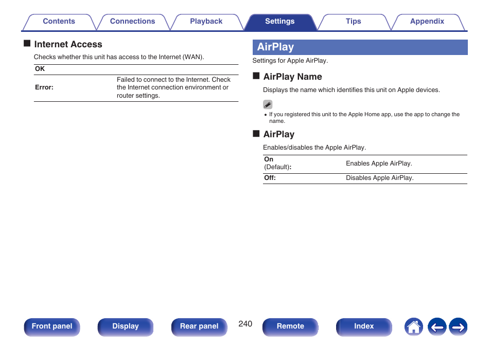 Airplay | Marantz CINEMA 50 9.4-Channel Network A/V Receiver (Black) User Manual | Page 240 / 326