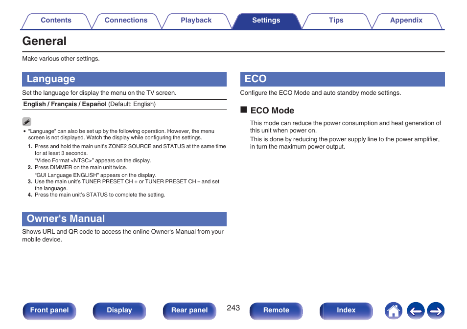 General, Language, Owner's manual | This switches to eco mode, P. 243), Oeco mode | Marantz CINEMA 50 9.4-Channel Network A/V Receiver (Black) User Manual | Page 243 / 326