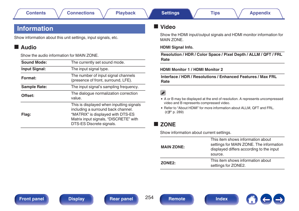 Information, And “hdmi monitor 2, P. 254) | Oaudio, Ovideo, Ozone | Marantz CINEMA 50 9.4-Channel Network A/V Receiver (Black) User Manual | Page 254 / 326