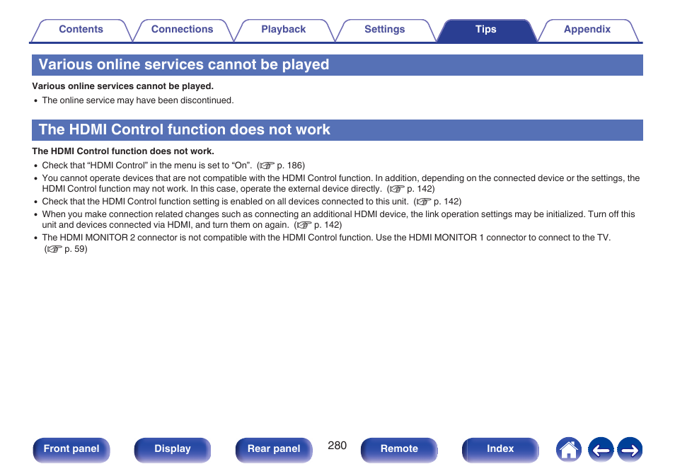 Various online services cannot be played, The hdmi control function does not work | Marantz CINEMA 50 9.4-Channel Network A/V Receiver (Black) User Manual | Page 280 / 326