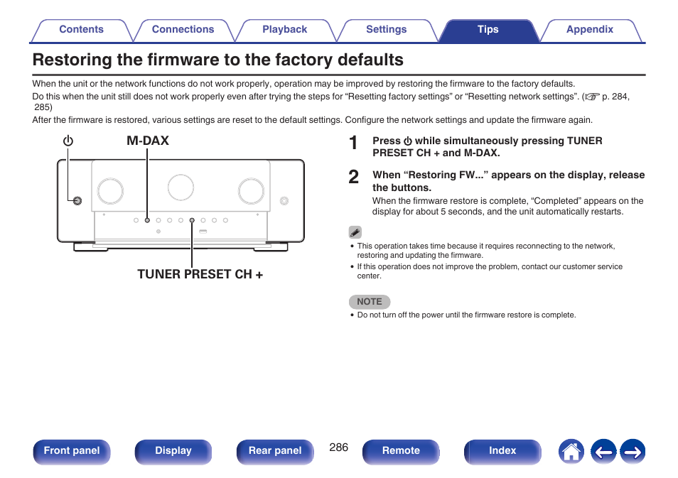 Restoring the firmware to the factory defaults | Marantz CINEMA 50 9.4-Channel Network A/V Receiver (Black) User Manual | Page 286 / 326