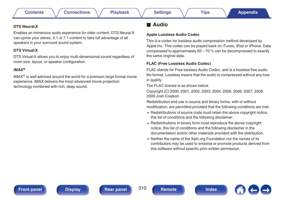 Dts virtual:x, P. 310), Imax enhanced | Oaudio | Marantz CINEMA 50 9.4-Channel Network A/V Receiver (Black) User Manual | Page 310 / 326