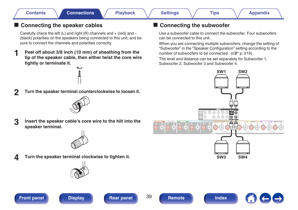 Connecting the subwoofer, P. 39) | Marantz CINEMA 50 9.4-Channel Network A/V Receiver (Black) User Manual | Page 39 / 326