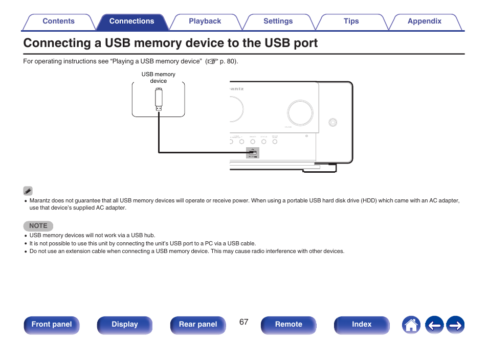 Connecting a usb memory device to the usb port, P. 67) | Marantz CINEMA 50 9.4-Channel Network A/V Receiver (Black) User Manual | Page 67 / 326