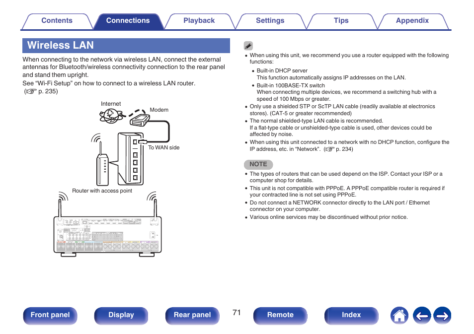 Wireless lan, Connecting to a handheld device via bluetooth, P. 71) | Marantz CINEMA 50 9.4-Channel Network A/V Receiver (Black) User Manual | Page 71 / 326