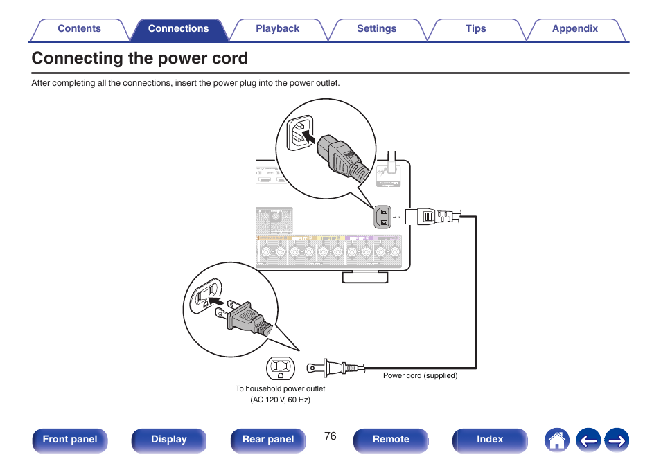 Connecting the power cord, Used to connect the power cord, P. 76) | Marantz CINEMA 50 9.4-Channel Network A/V Receiver (Black) User Manual | Page 76 / 326