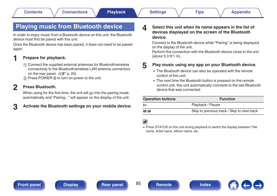 Playing music from bluetooth device | Marantz CINEMA 50 9.4-Channel Network A/V Receiver (Black) User Manual | Page 85 / 326