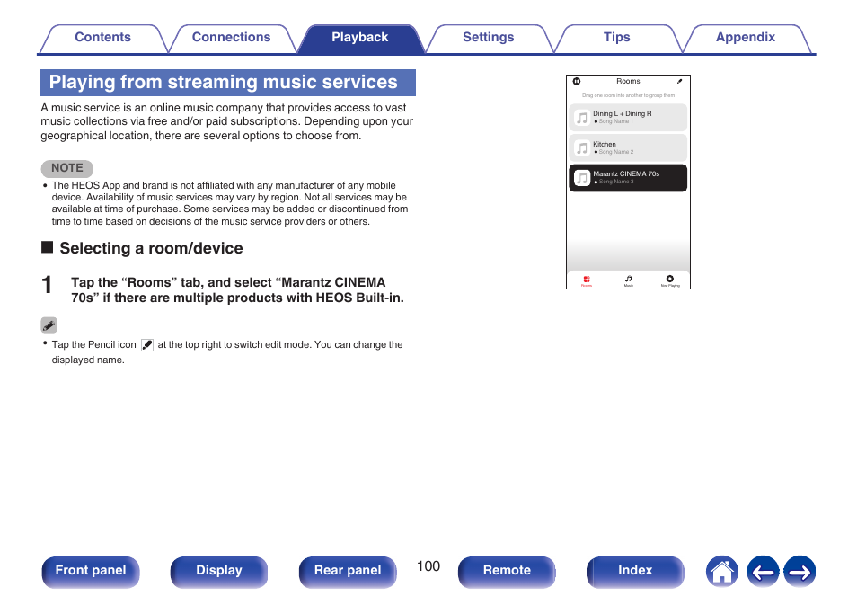 Playing from streaming music services, Oselecting a room/device | Marantz CINEMA 70s 7.2-Channel Network A/V Receiver User Manual | Page 100 / 284