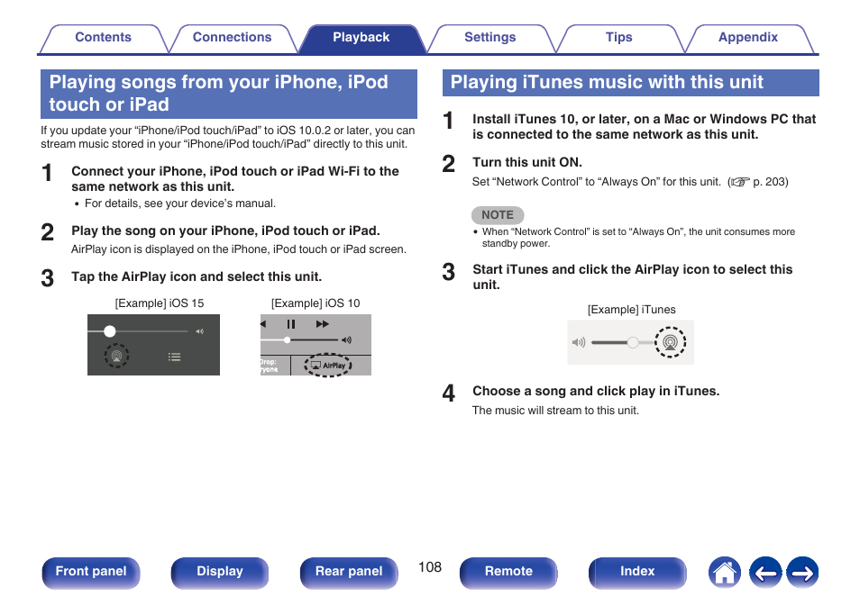 Playing songs from your iphone, ipod touch or ipad, Playing itunes music with this unit | Marantz CINEMA 70s 7.2-Channel Network A/V Receiver User Manual | Page 108 / 284