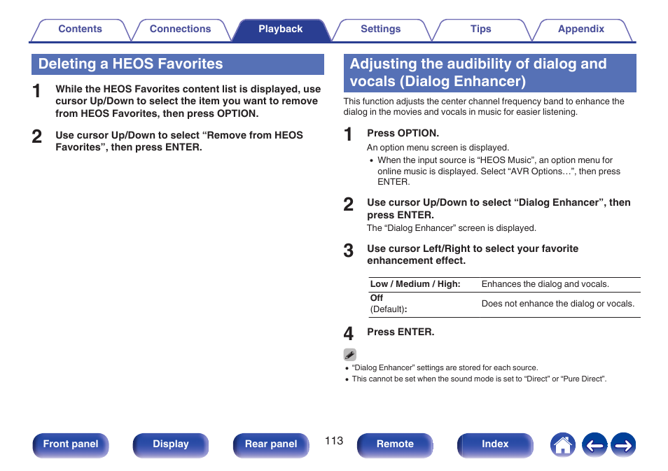 Deleting a heos favorites, Enhancer), P. 113) | Marantz CINEMA 70s 7.2-Channel Network A/V Receiver User Manual | Page 113 / 284