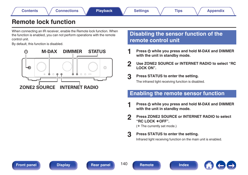 Remote lock function, Enabling the remote sensor function, P. 140) | Marantz CINEMA 70s 7.2-Channel Network A/V Receiver User Manual | Page 140 / 284