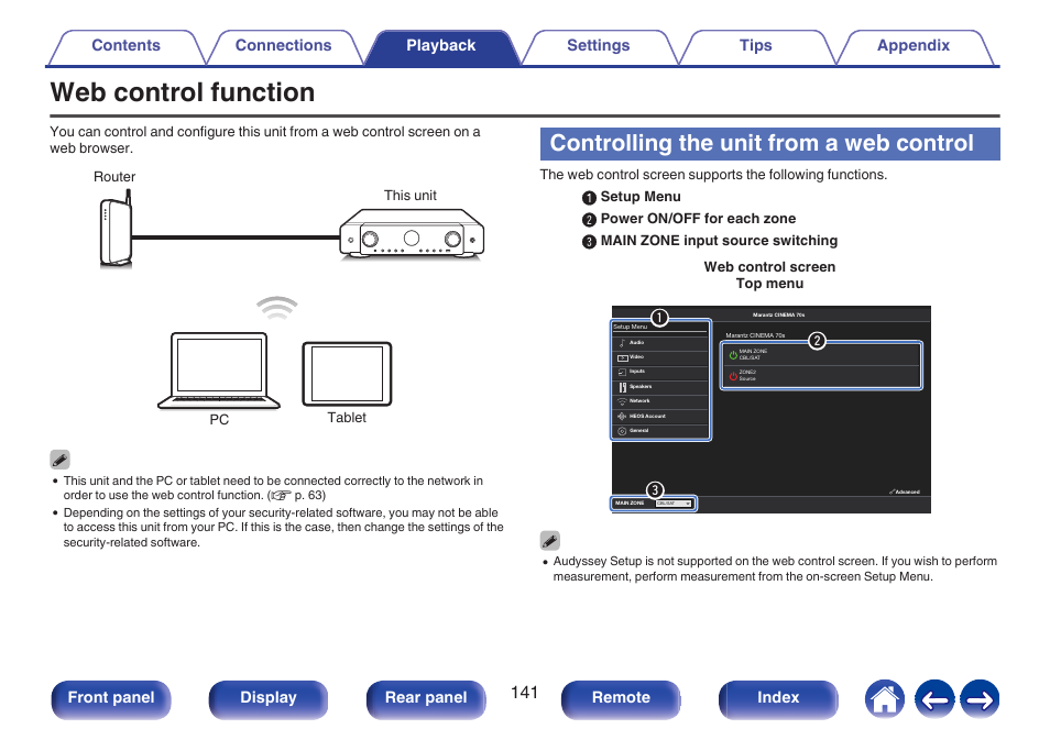 Web control function, Controlling the unit from a web control, Qw e | Front panel display rear panel remote index | Marantz CINEMA 70s 7.2-Channel Network A/V Receiver User Manual | Page 141 / 284