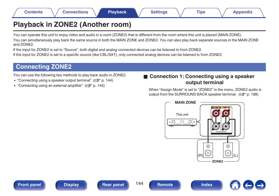 Playback in zone2 (another room), Connecting zone2, P. 144) | Marantz CINEMA 70s 7.2-Channel Network A/V Receiver User Manual | Page 144 / 284