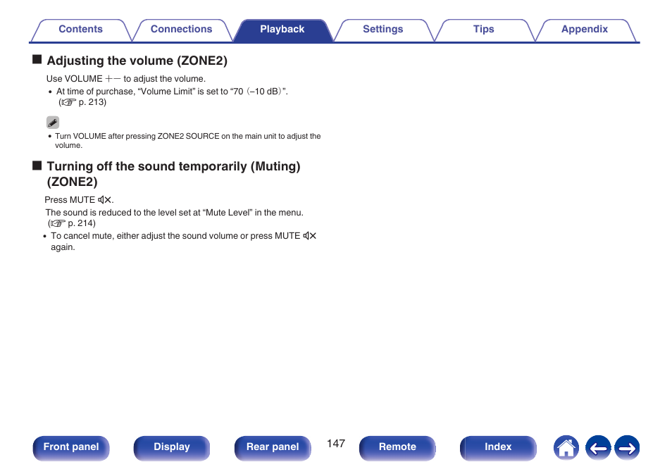 Turning off the sound temporarily (muting) (zone2), P. 147), Adjusting the volume (zone2) | Oadjusting the volume (zone2) | Marantz CINEMA 70s 7.2-Channel Network A/V Receiver User Manual | Page 147 / 284