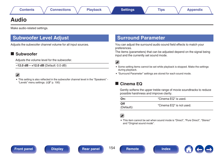 Audio, Subwoofer level adjust, Surround parameter | To enjoy surround sound the way you like it, P. 154), Osubwoofer, Ocinema eq | Marantz CINEMA 70s 7.2-Channel Network A/V Receiver User Manual | Page 154 / 284
