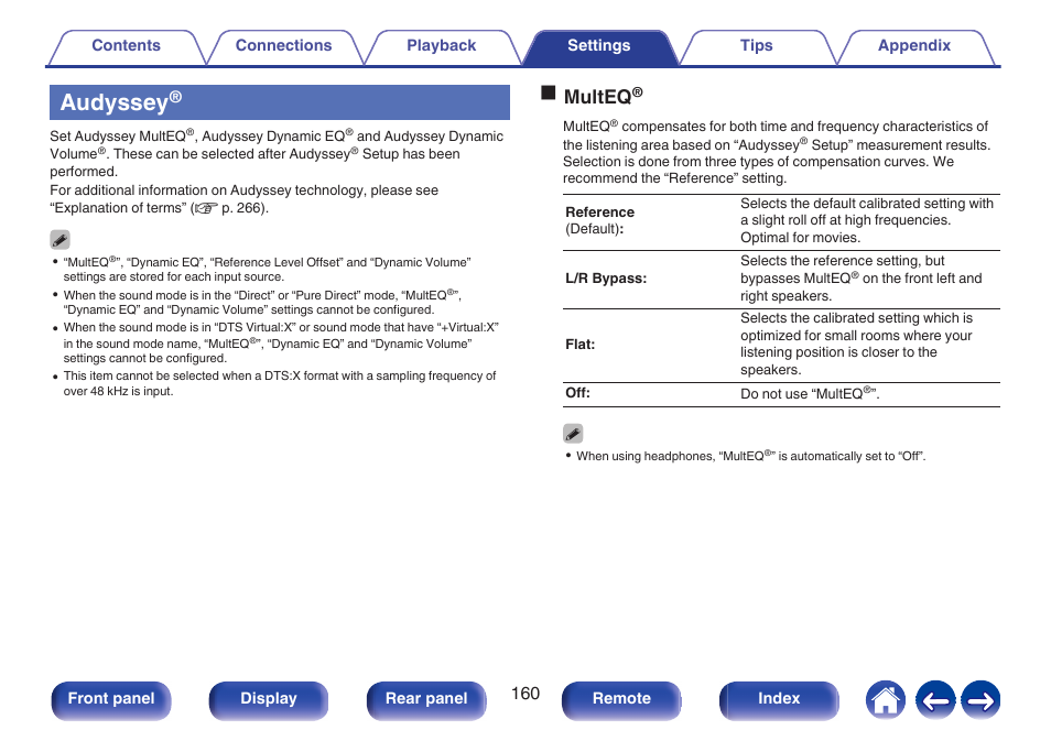 Audyssey, P. 160), Omulteq | Marantz CINEMA 70s 7.2-Channel Network A/V Receiver User Manual | Page 160 / 284