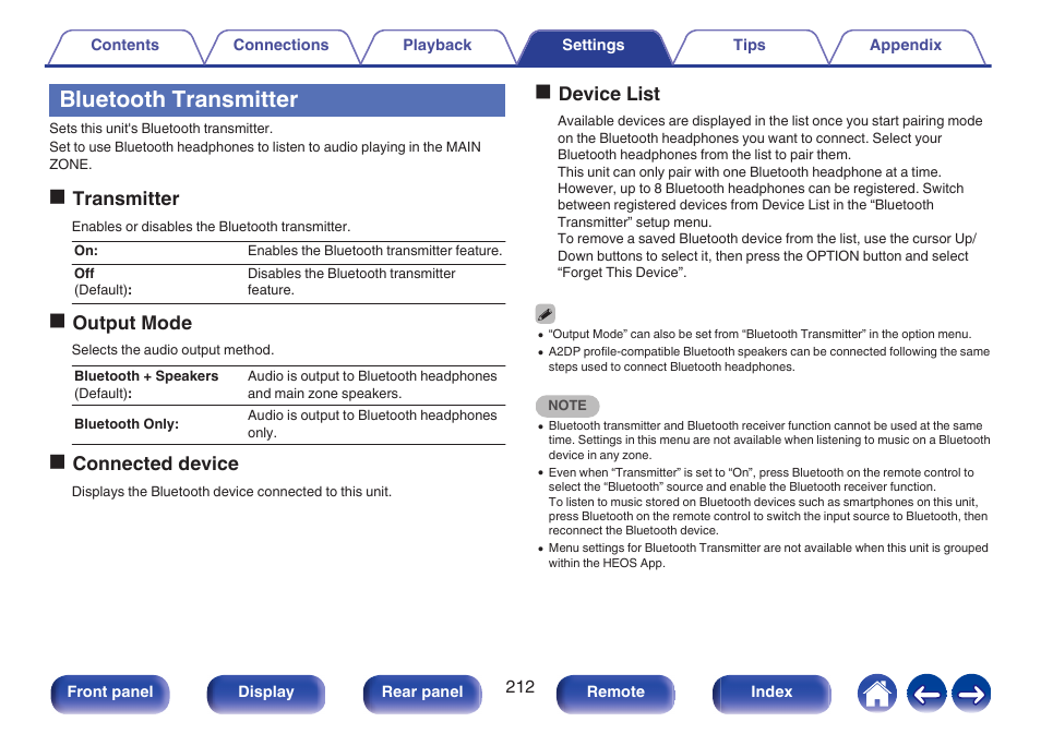 Bluetooth transmitter, P. 212), Bluetooth transmitter” in the menu | Transmitter” to off, Otransmitter, Ooutput mode, Oconnected device, Odevice list | Marantz CINEMA 70s 7.2-Channel Network A/V Receiver User Manual | Page 212 / 284