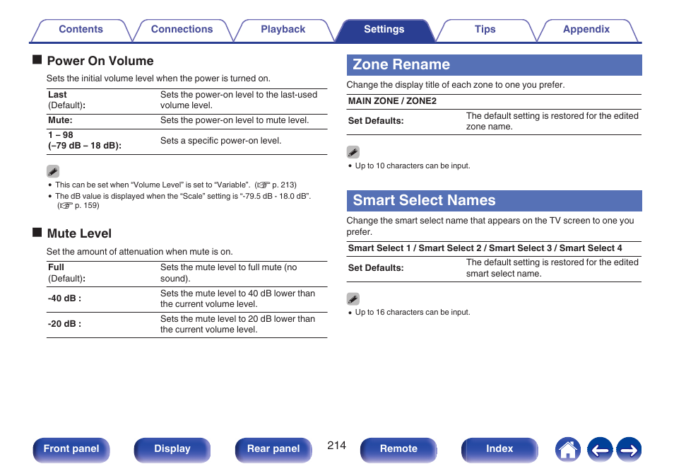Zone rename, Smart select names, Names | P. 214), Opower on volume, Omute level | Marantz CINEMA 70s 7.2-Channel Network A/V Receiver User Manual | Page 214 / 284